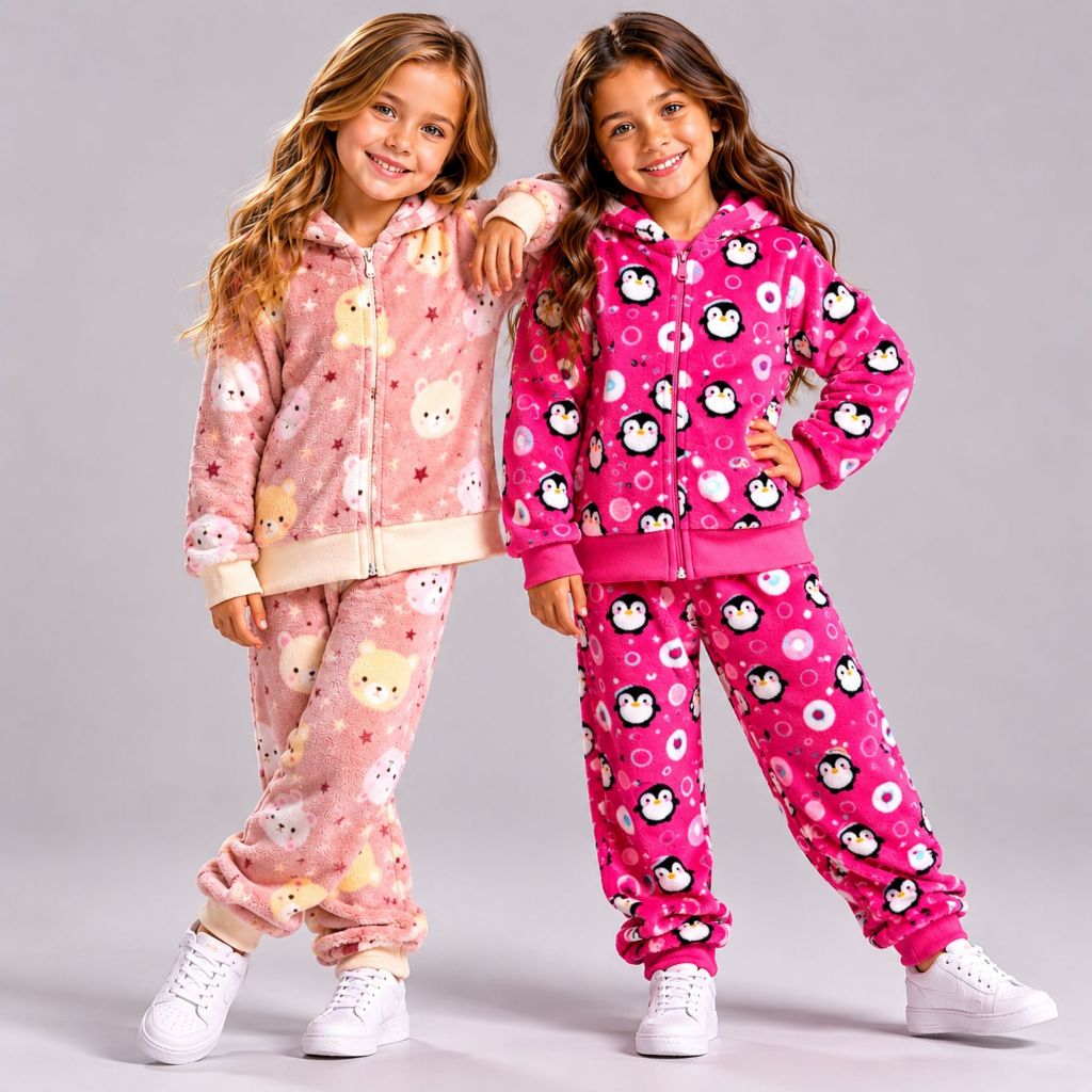 Conjunto Pijama Infantil Menina Fleece Peluciado Jaqueta com Zíper e Calça Inverno Quentinho Frio 2 ao 12 Ano