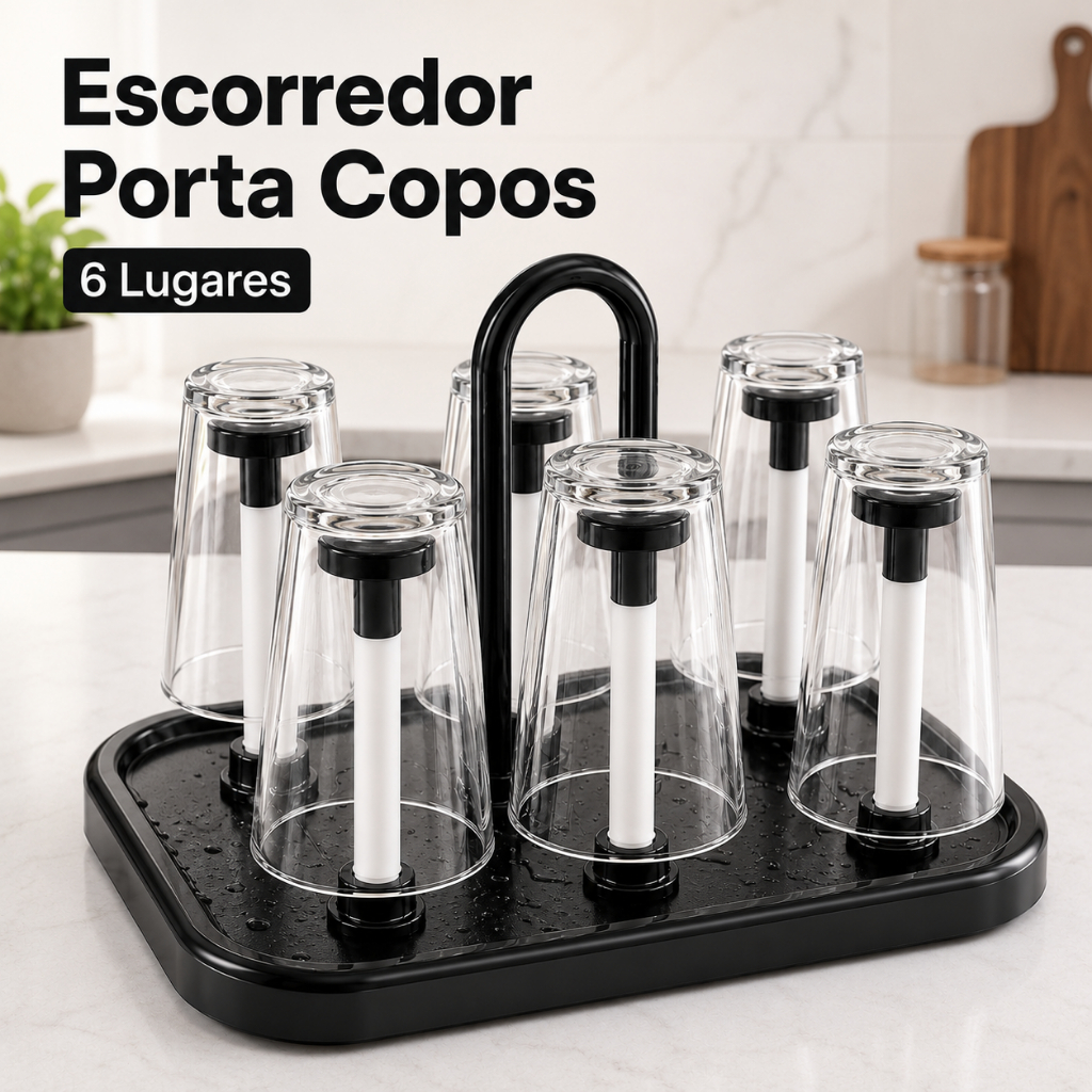 Escorredor Porta Copos 6 Lugares Suporte Secador Organizador Para Pia Bancada Mesa Cozinha Preto