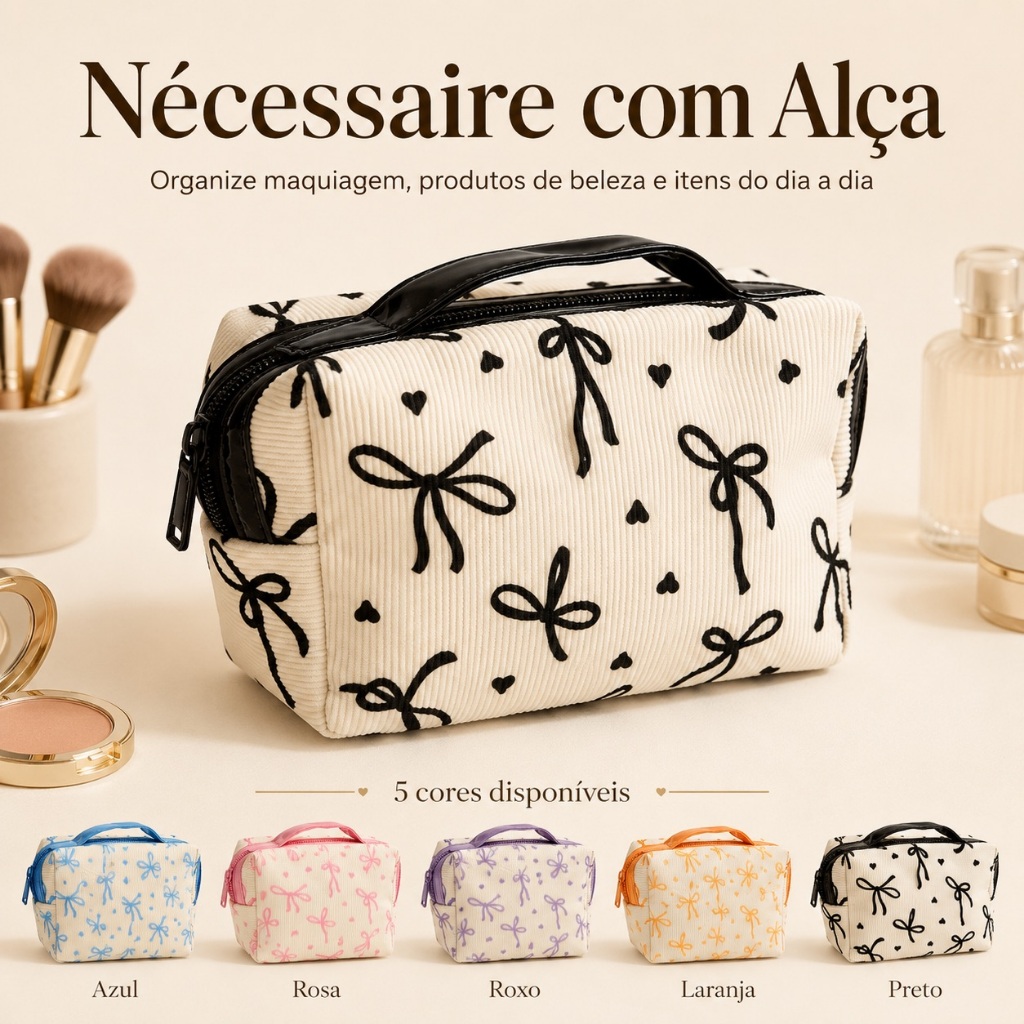 Nécessaire Feminina com Alça e Zíper – Bolsa Organizadora para Maquiagem, Cosméticos e Viagem – 3 Cores