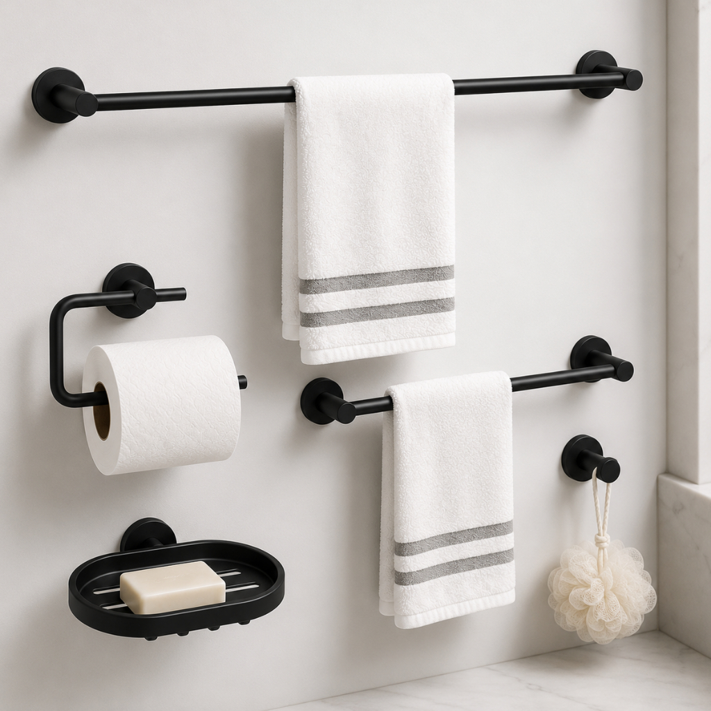 Kit Acessórios para Banheiro 5 Peças Completo Toalheiros Porta Papel Saboneteira Cabide Preto Fosco