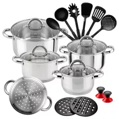 Jogo de Panelas 19 Peças Em Aço Inoxidável Genebra + Acessórios Fundo Grosso Para Forno Indução e Gás
