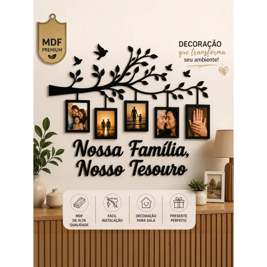 Quadro Porta Retrato Árvore da Família MDF 10x15 5 Fotos Nossa Família Nosso Tesouro Decorativo Mural de Parede