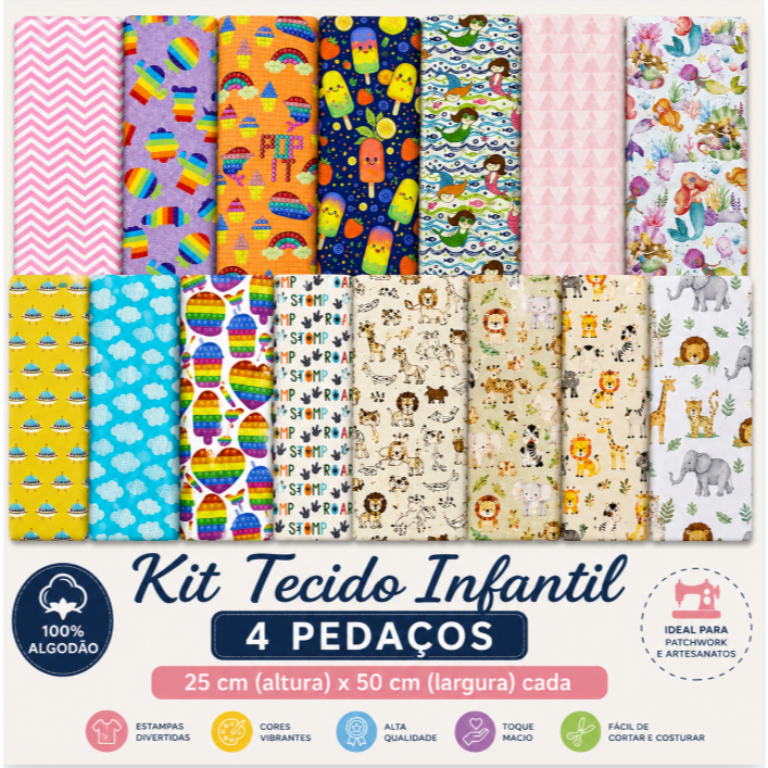 Tecido Tricoline Kit 4 unidades de 25 cm x 45 cm 100% algodão estampas infantis menino e menina retalhos