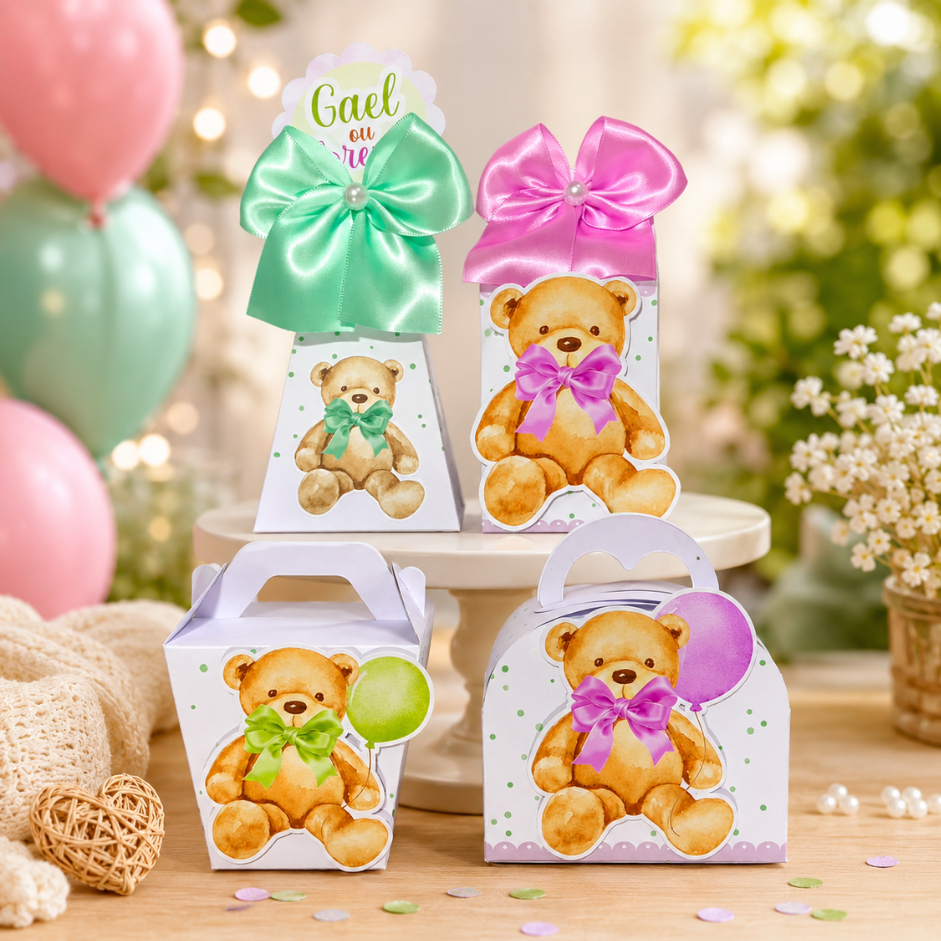 KIT FESTA CAIXINHAS PERSONALIZADAS CHÁ REVELAÇÃO VERDE E LILAS LEMBRANCINHAS