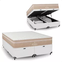 Cama Box Baú Queen Couro Branco + Colchão Paris Molas Ensacadas Bege - e-Shop Casa