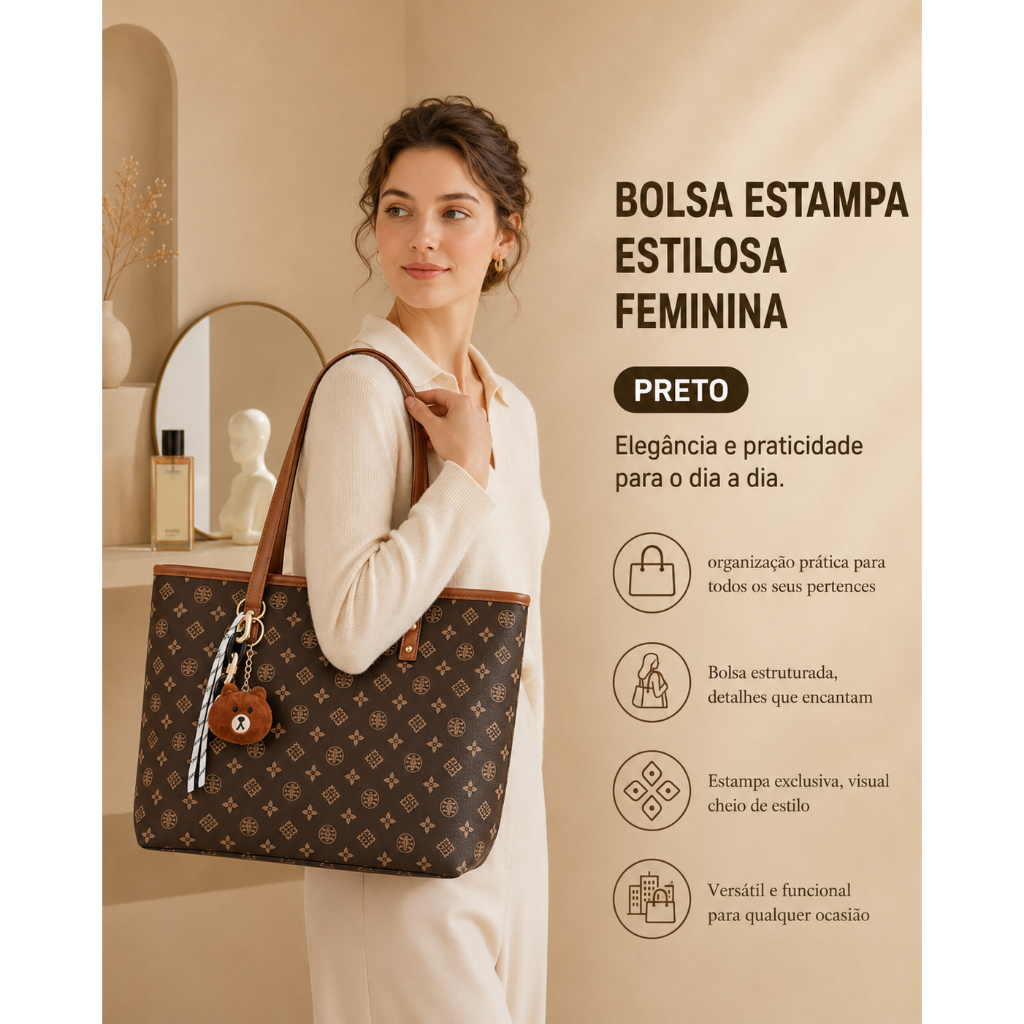 TOMI MITO Bolsa Feminina Casual de Ombro com Estampa Geométrica e Pingente Charmoso para Trabalho e Passeios TM9187