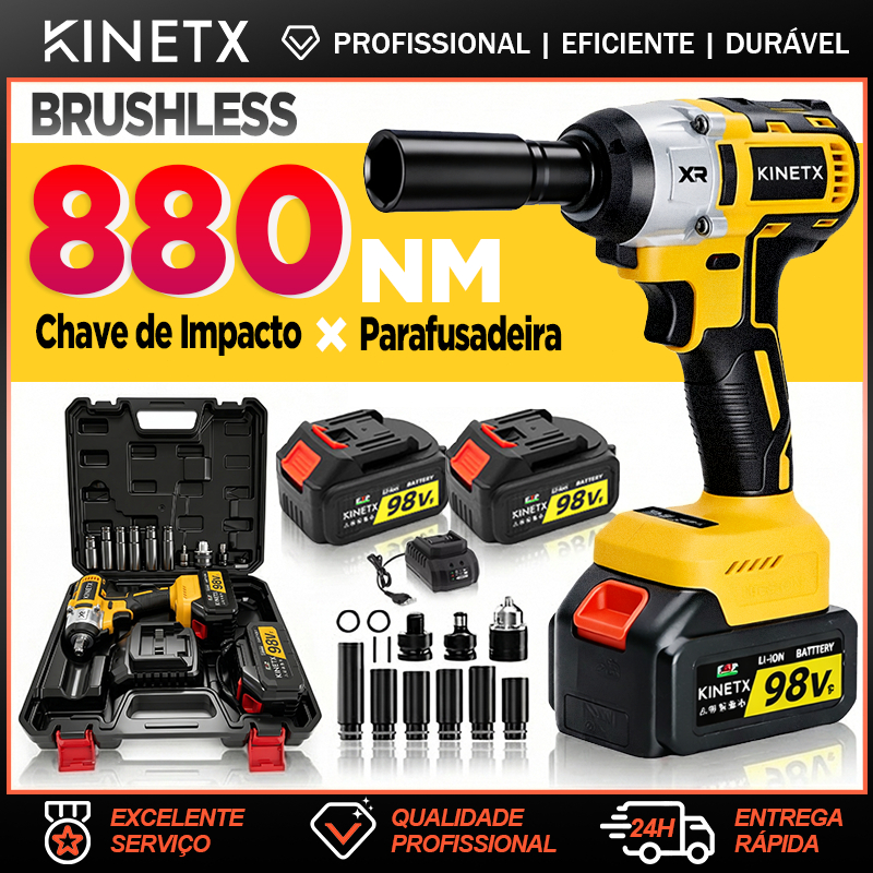 KINETX kit Chave de Impacto 98VF 2 Baterias 880NM Eletrica Sem Fio ferramentas + Maleta 3em 1 Parafusadeira Furadeira