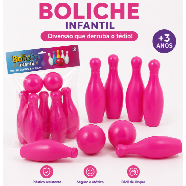 Jogo de Boliche pequeno plástico Rosa, brinquedo , Infantil, Super Resistente.
