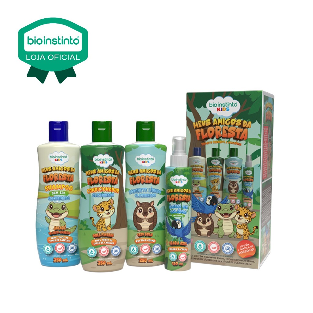 01 Kit KIDS CABELO E CORPO 4 Itens Bio Instinto Sabonete Colonia Shampoo Condicionador Liso Ondulado