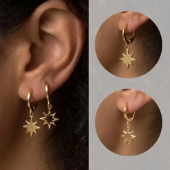 Semi Joia Dupla de Brincos Estrelas Argolinha AntiAlergico Banhado Ouro18k Prata 925