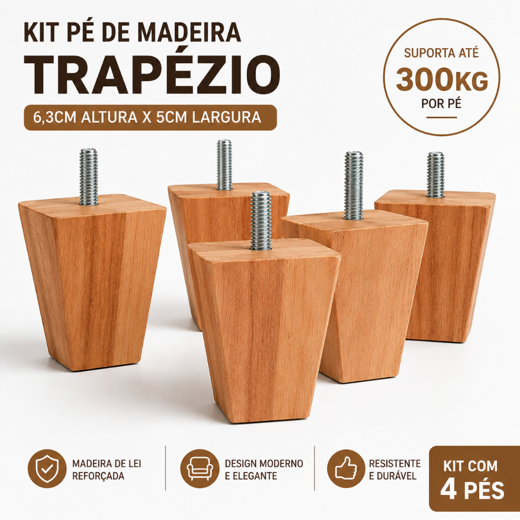 Kit Pé para Móveis Madeira de Lei l Trapézio 6cm Altura Ajustável para Cama Box Sofá Móveis | Reforçado Regulável