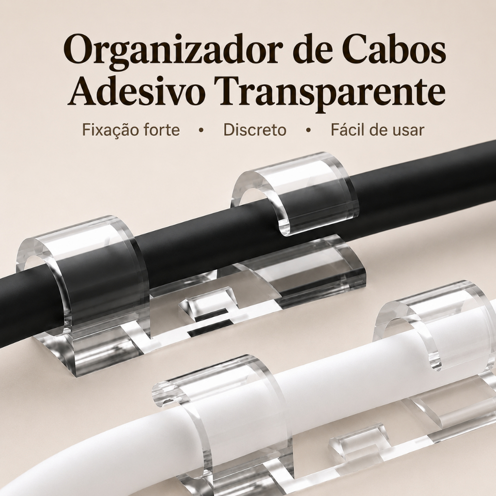 Organizador de Fios e Cabos Adesivo - Fácil Instalação, Não Danifica Superfícies, Transparente