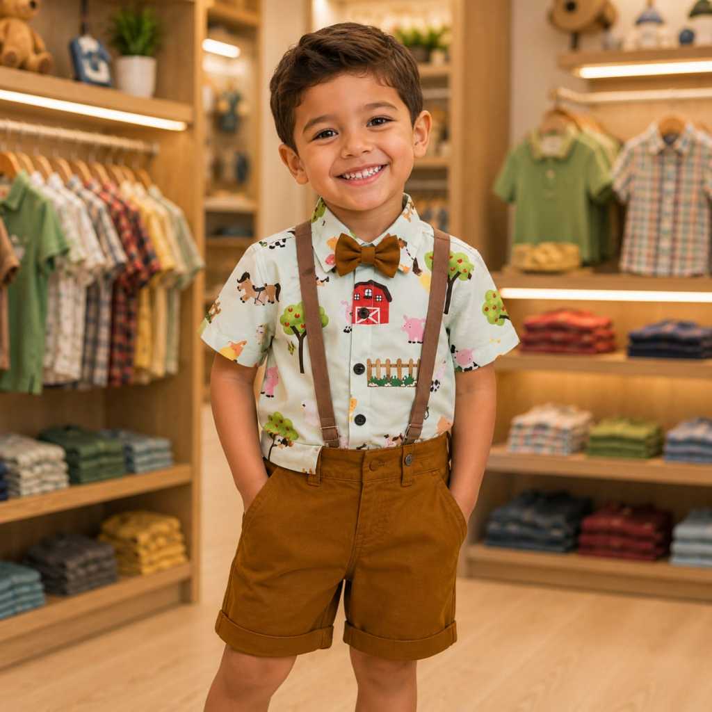 Conjunto Menino Infantil Luxo Temático Fazendinha +Bermuda Caramelo