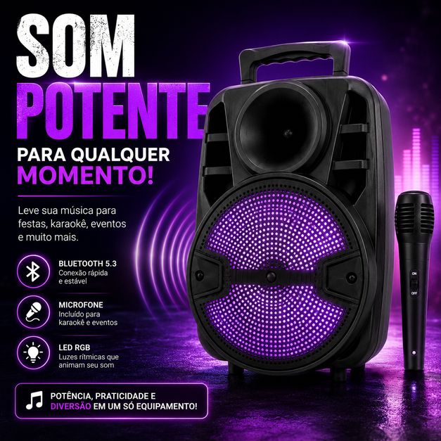 Caixa de Som Bluetooth Altomex AM-555 3000W PMPO com Microfone LED RGB USB TF AUX Karaokê Portátil