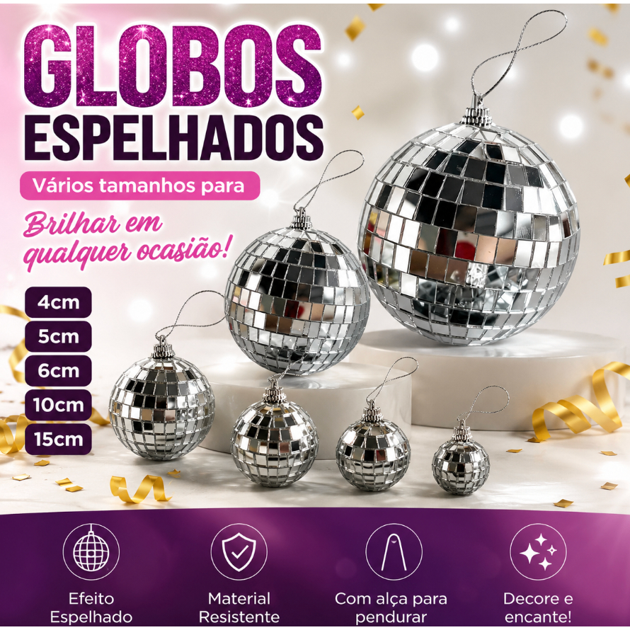 Globo Espelhado Decorativo Bola Discoteca Festa Natal Árvore 4cm 5cm 6cm 10cm 15cm Festa Eventos Vários Tamanhos