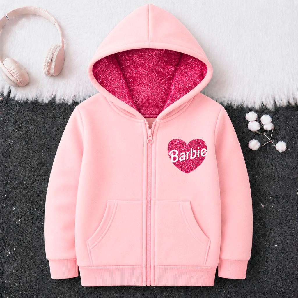 Moletom Barbie Infantil com Zíper e Capuz Forrado Flanelado Tecido com Glitter Casaco de Frio Menina 2 ao 14 Quentinho