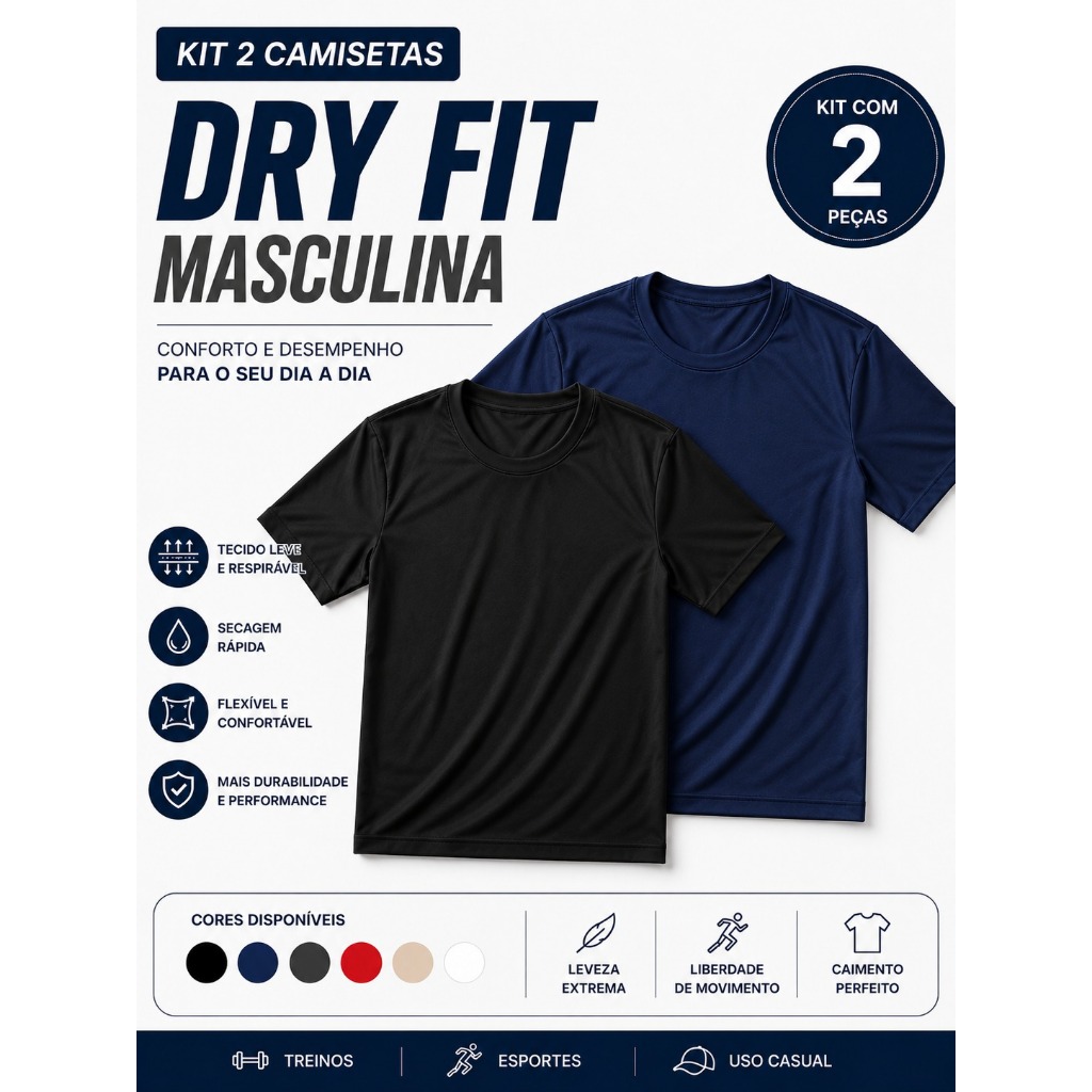 Kit 2 Camisetas Dry Fit Masculina Academia Fitness Corrida Caminhada Esporte Básica Lisa Premium