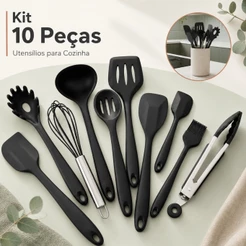 Kit 10 Peças Conjunto Utensílios Cozinha Silicone Inox Jogo Colheres Pegador Concha Preto Vermelho