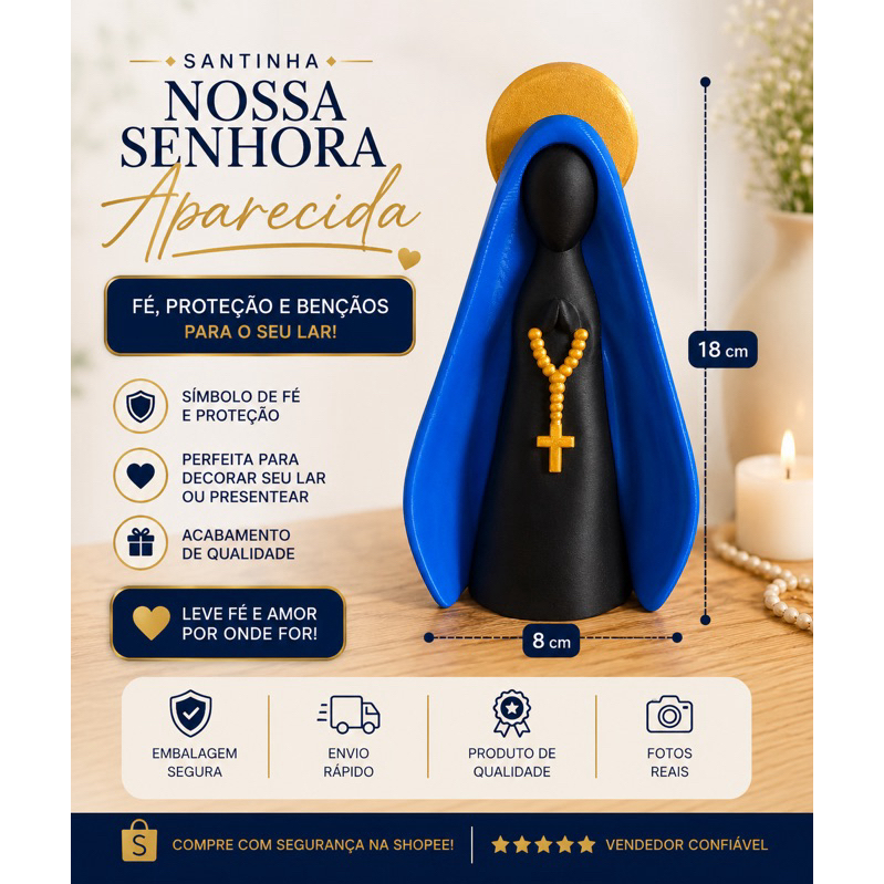 Santinha Nossa Senhora Aparecida 18cm Decoração Religiosa em 3D | Presente Católico | Imagem Decorativa