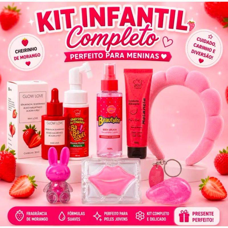 Kit Skincare Infantil Presente Menina 7 Itens Melancia Água
