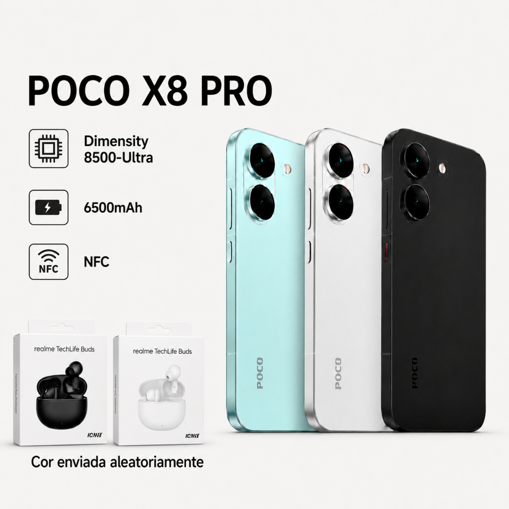 Xiaomi Poco X8 PRO 5G+Realme Techlife Buds, Versão Global, MediaTek Dimensity 85