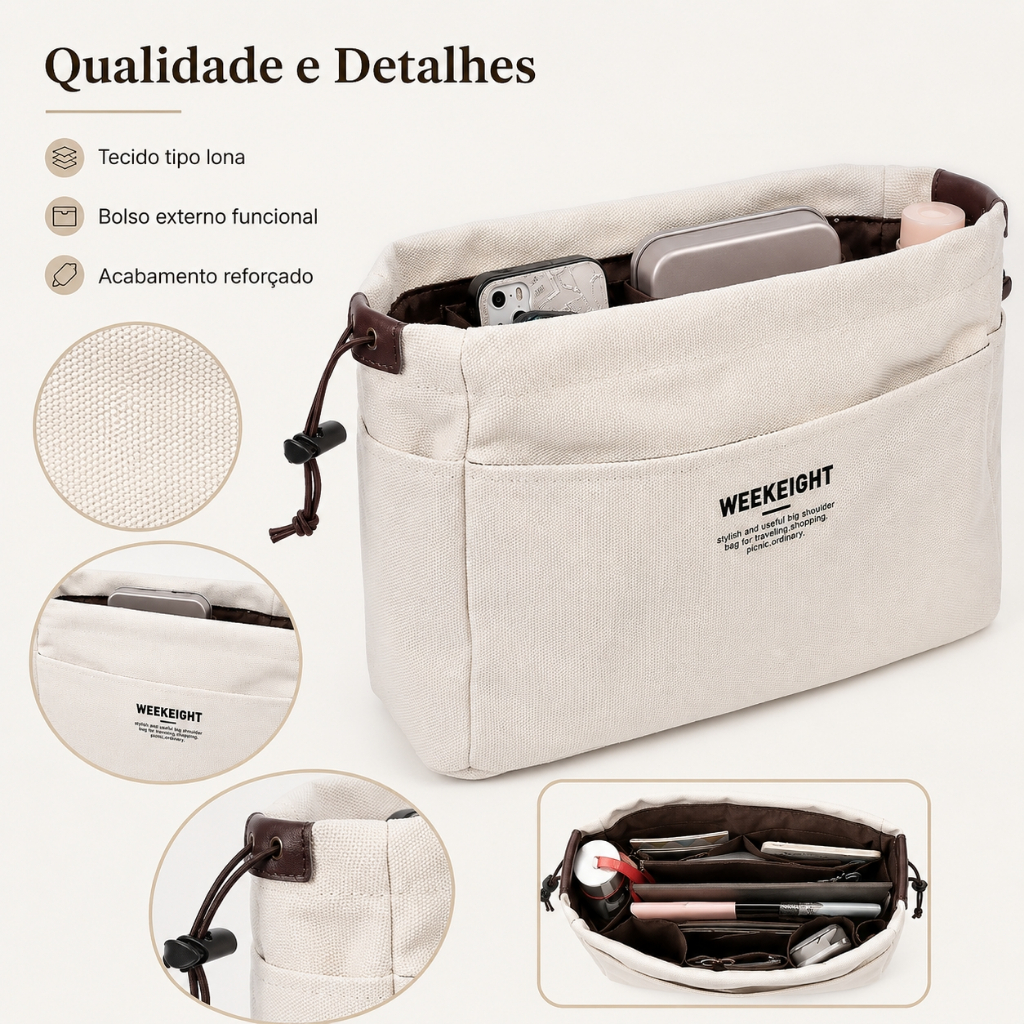 Bolsa organizadora de lona com cordão, divisórias e vários bolsos com forro