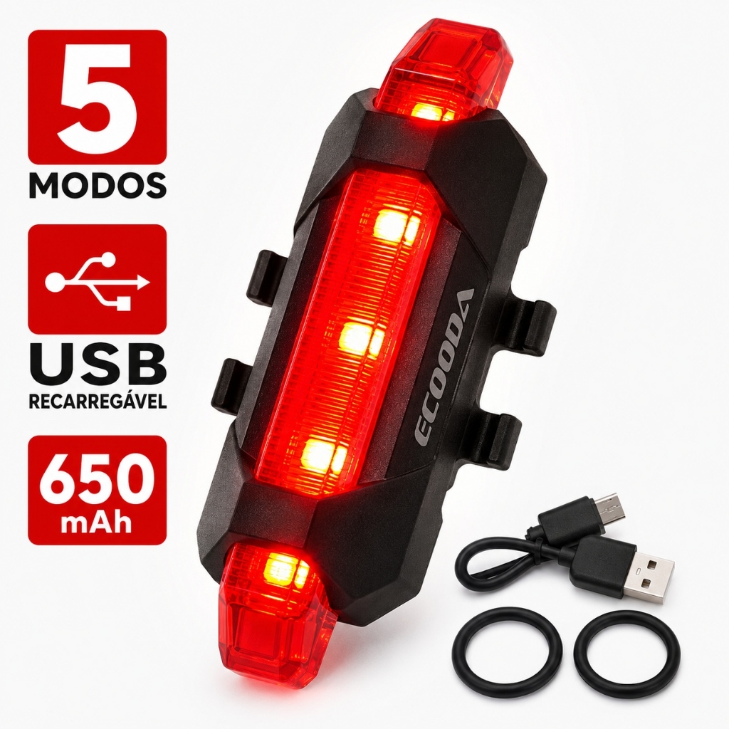 Lanterna Traseira para Bicicleta 5 LEDs Recarregável USB com 5 Modos EC6106 ECOODA