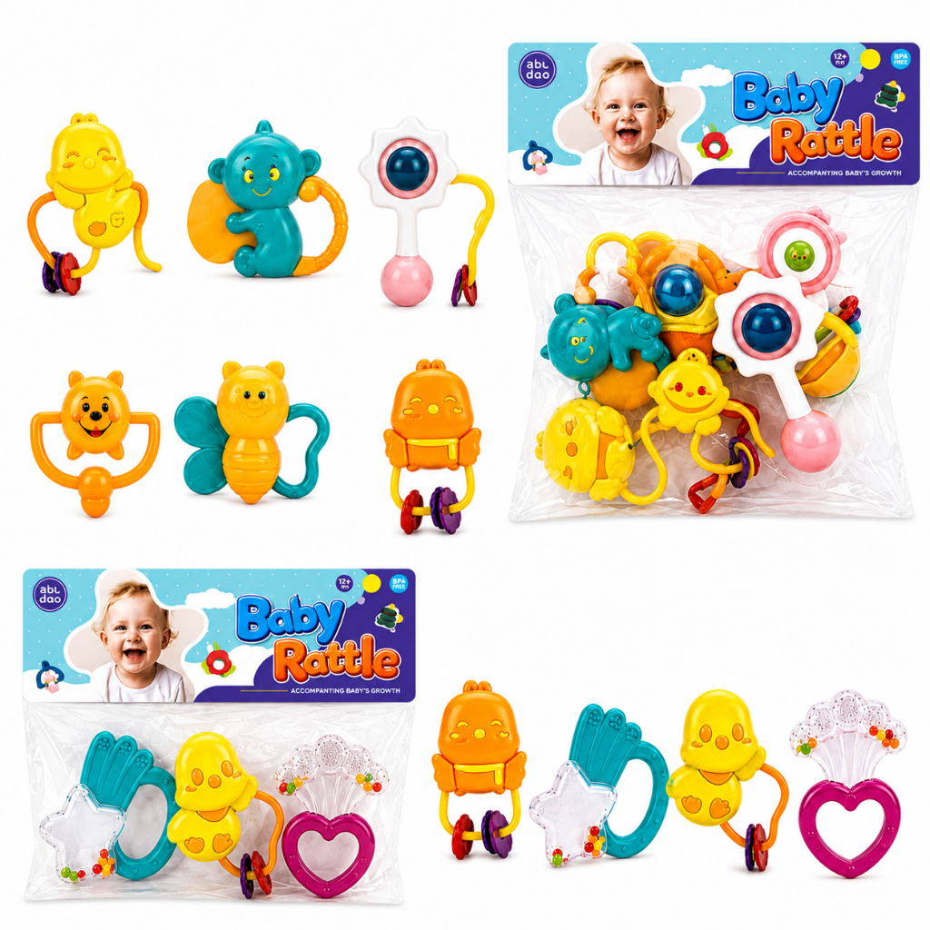 Kit Chocalho para Bebê 4 ou 6 Peças Mordedor Silicone Macio Sensorial Colorido