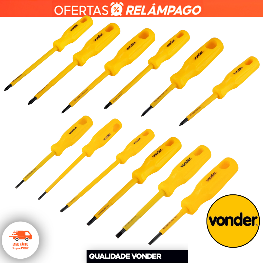 Jogo VONDER Com 12 peças De Chaves Fenda Phillips Isolada Ponta Magnetizada Profissional Original