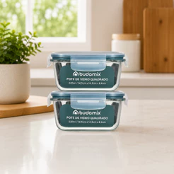 Kit 2 Potes Vidro 520ml Quadrado Hermético Marmita Fitness 4 Travas Vedação