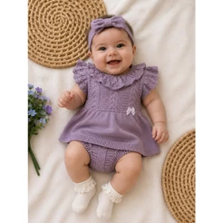 Vestido Tricô Calcinha Verão Manga Princesa Laço Menina Bebê