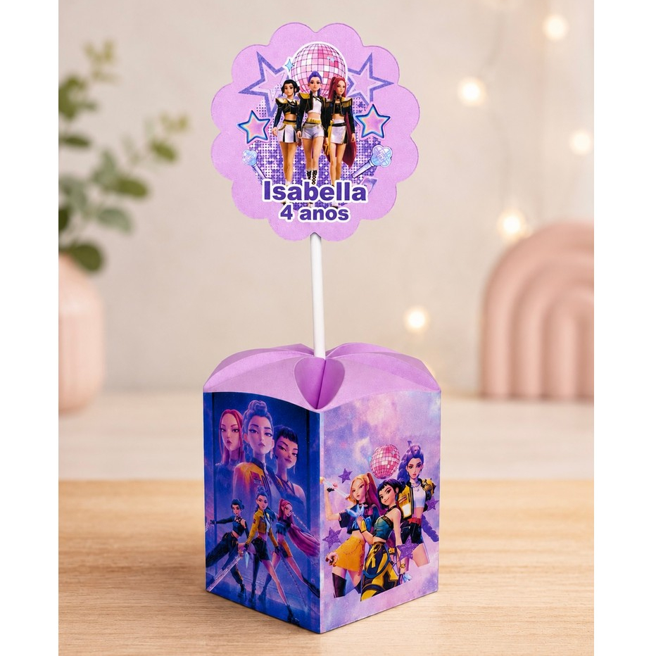 Centro de Mesa Guerreiras do K-Pop Pegue e Monte Caixa Sextavada Personalizada Lembrancinha Festa Infantil