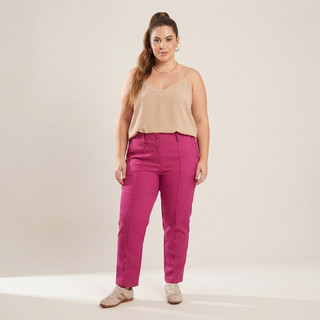Calça Feminina Alfaiataria Reta Rosa Fúcsia Cintura Alta Skinny Social Elegante 2 Bolsos Laterais