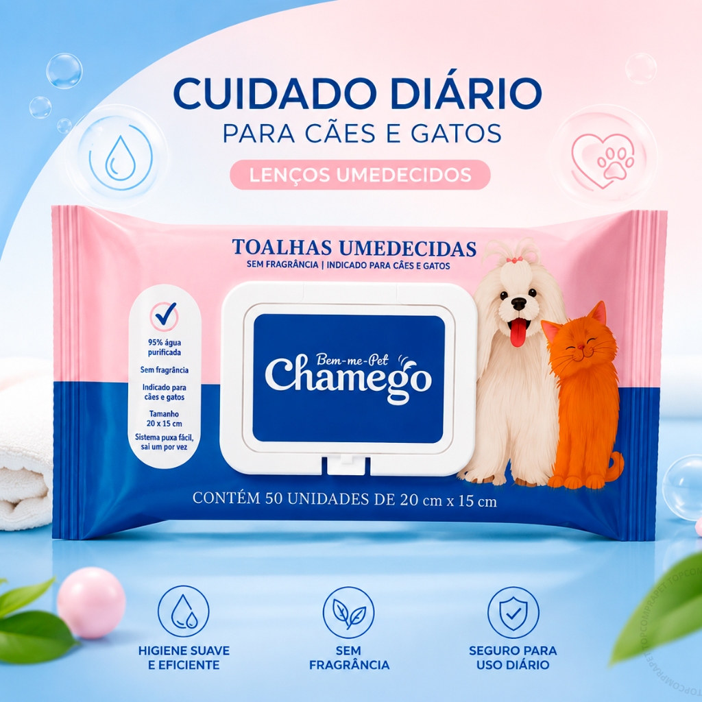 Toalha Lenço Umedecido Chamego Sem Fragância Para Cães e Gatos 2 ou 4 Pacotes 50 Unidades Cada