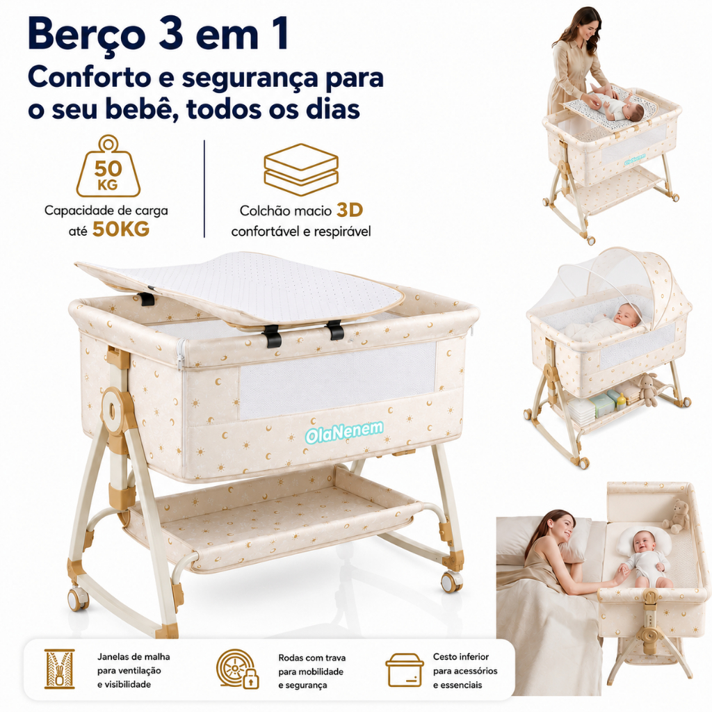 Berço Moisés Portátil Até 25kg, 6 Alturas Ajustáveis 3 em 1, Mesa de Fraldas, Mosquiteiro, Cesto, Modo Balanço