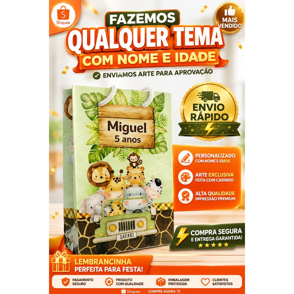 Sacolinha Safari Personalizada + Nome e Idade | Lembrancinha Festa Infantil