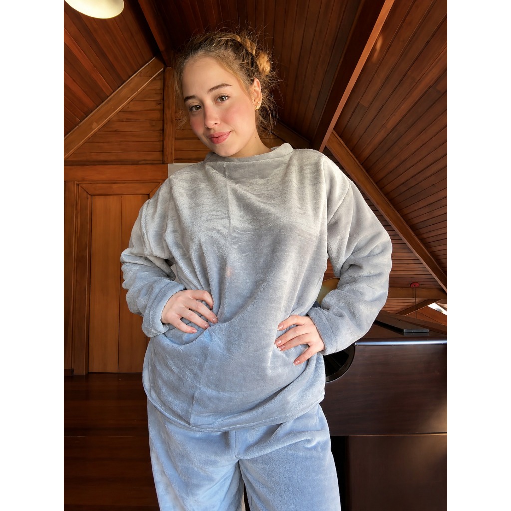 Conjunto Pijama Femenino Elegante Microfibra Fleece Inverno Peluciado Quentinho Roupa para Dormir