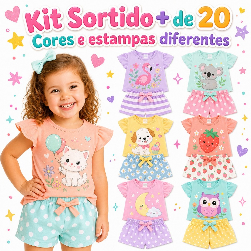 Kit Sortido 2 ou 6 Peças de Roupas Infantil Menina Verão Camisetas + Bermudas Conjuntos de Roupa Infantil Bebê Menina