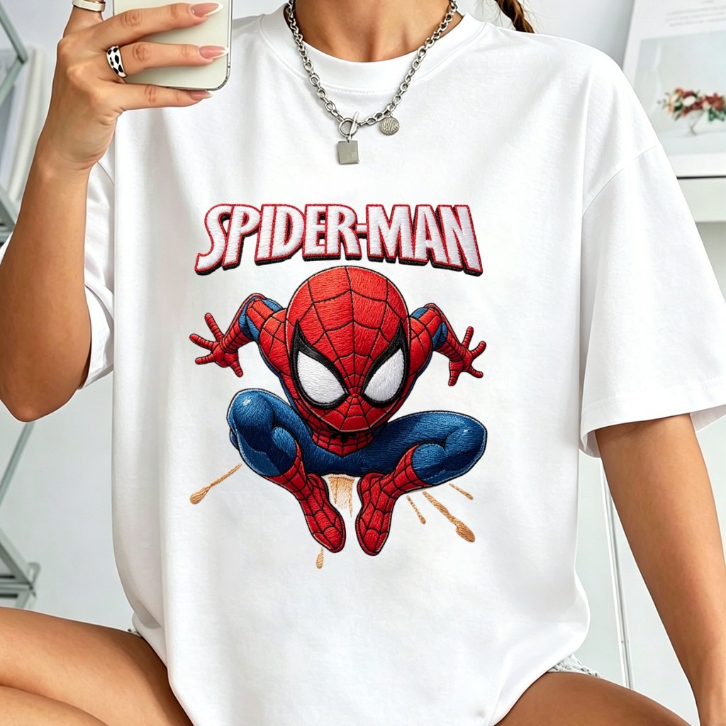 Kit 3 Camiseta Estampa Spider-Man Bordado Estilo Oversized 100% Algodão Preta Manga Curta Feminina