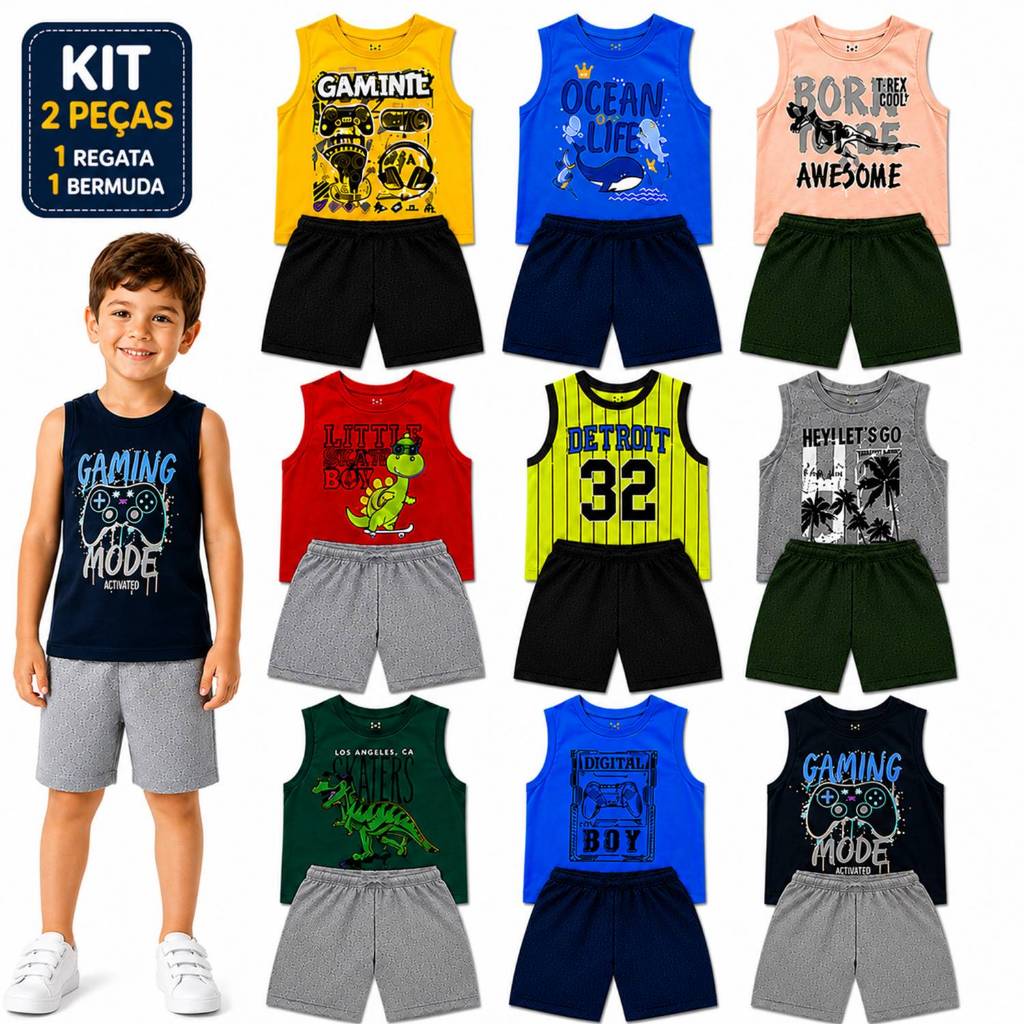 Kit Conjunto 2 Peças Infantil Menino Regata e Bermuda Estampas Sortidas Tam 1 ao 12