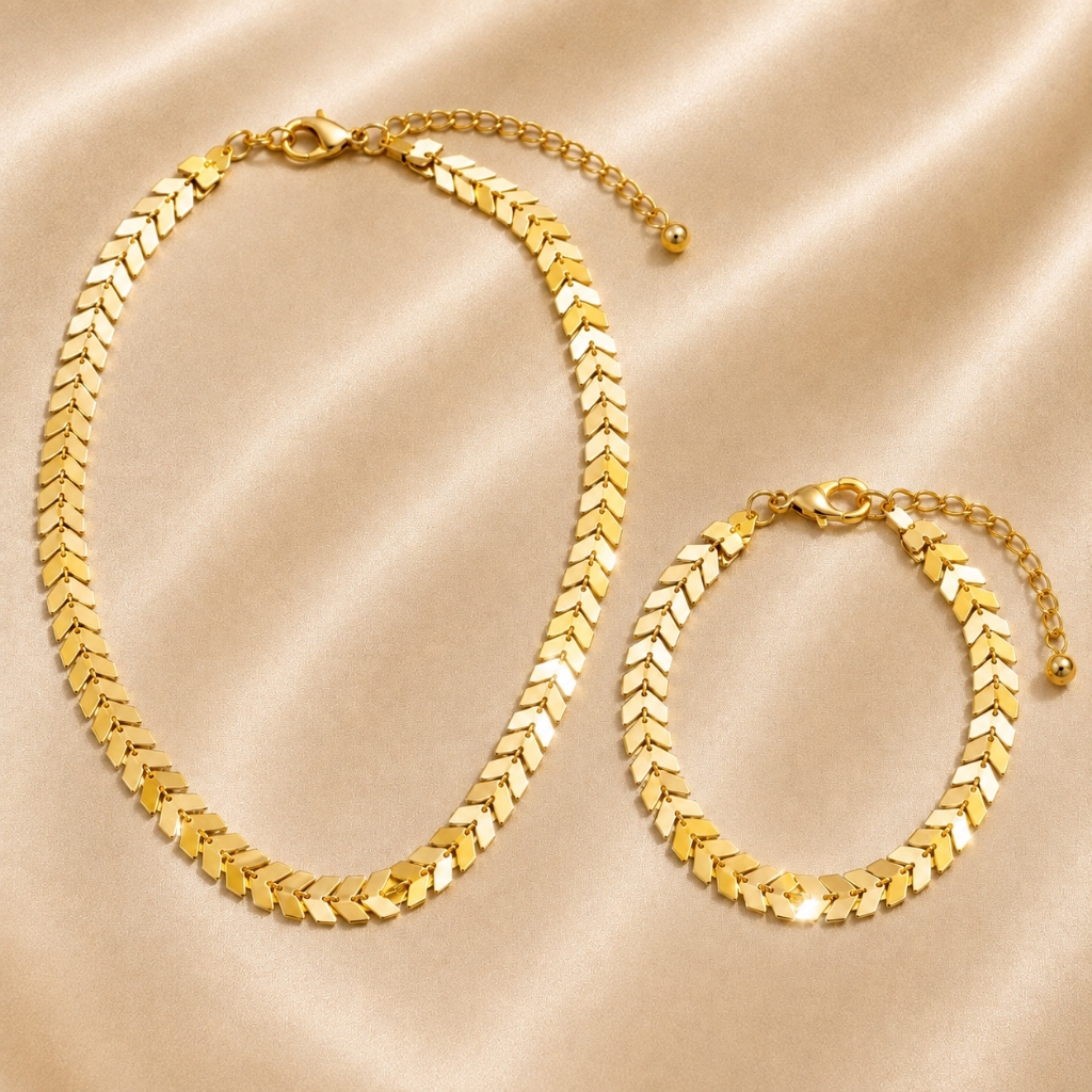Kit Colar e Pulseira Espinha de Peixe Corrente Laminada Feminino Dourado Presente