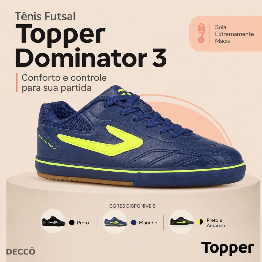 Chuteira Futsal Infantil Topper Dominator Menino Cadarço Solado Borracha Confort