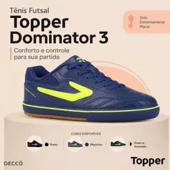Chuteira Futsal Infantil Topper Dominator Menino Cadarço Solado Borracha Confortável
