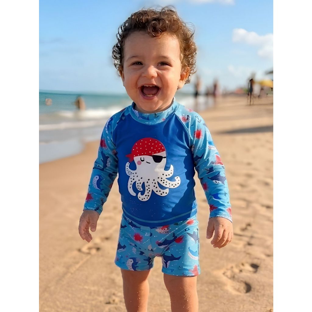 Conjunto De Praia E Piscina Bebê Menino Manga Longa E Sunga Boxer Estampa Divertida Alta Proteção Uv