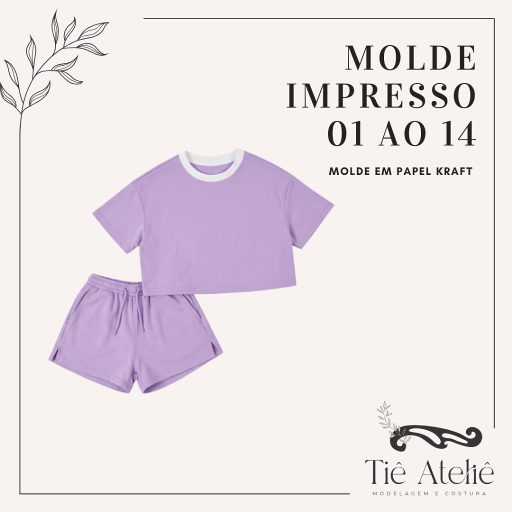 MOLDE EM PAPEL KRAFT DE CONJUNTO INFANTIL CROPPED E SHORTS PARA COSTURA MODELAGEM EM PAPEL KRAFT