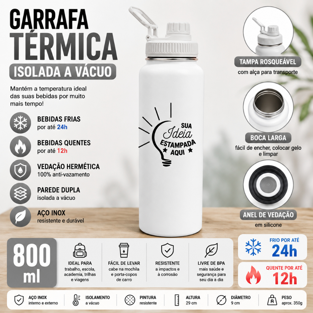 Garrafa Térmica Personalizada 800ml Inox Isolada a Vácuo Antivazamento Parede Dupla Branca