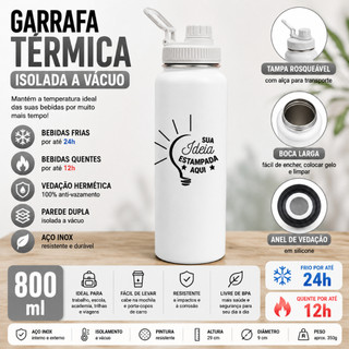 Garrafa Térmica Personalizada 800ml Inox Isolada a Vácuo Antivazamento Parede Dupla Branca