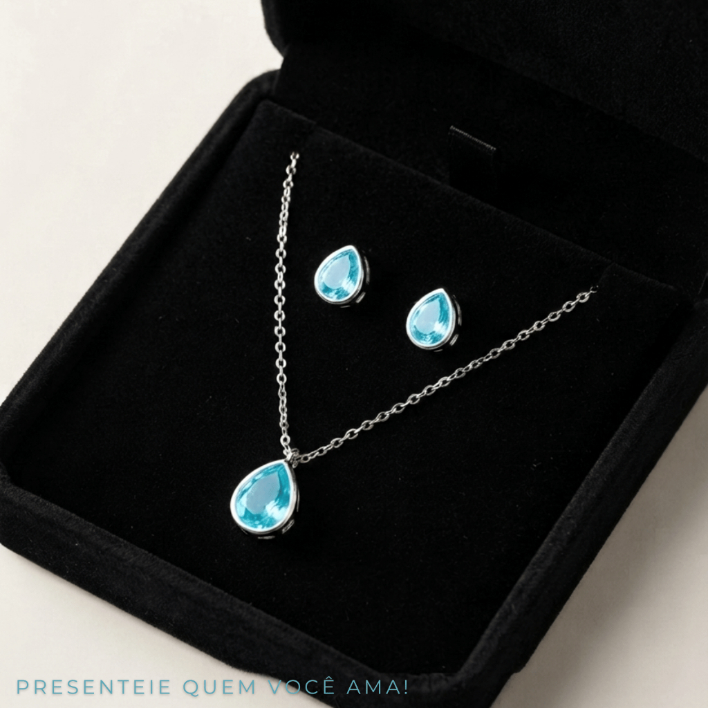 Conjunto Colar Brinco Gota Cristal Azul Verde Elegante Presente Mulher Blogueira Corrente Pequeno