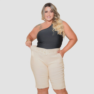 Bermuda Social Feminina Plus Size Bengaline Com Cinto E Bolsos Super Luxo Levanta Bumbum