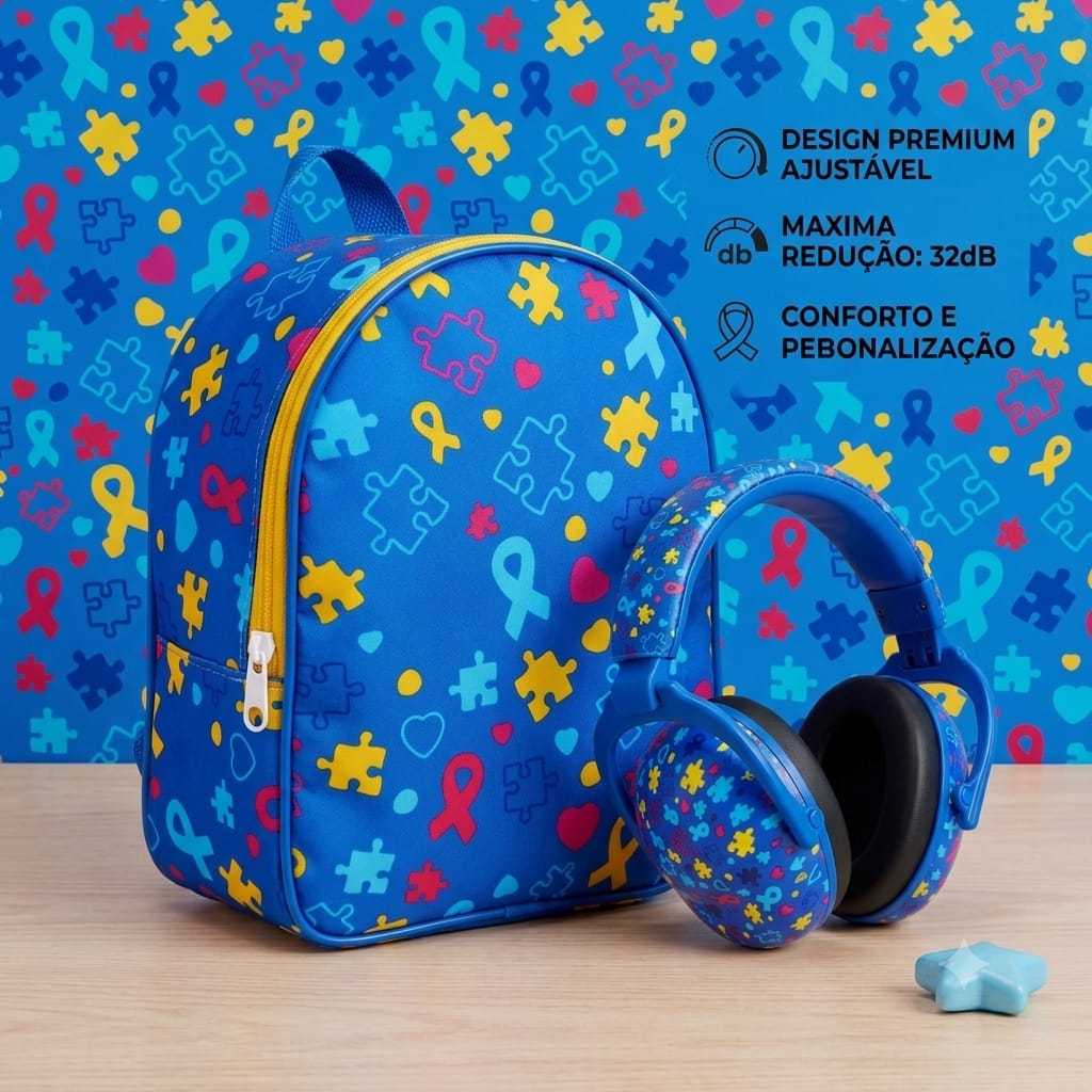 Mochilinha 22cm Abafador Ruídos Dark Blue 32dB Kit Sensorial Infantil Kit Abafador Ruído Autismo Tea